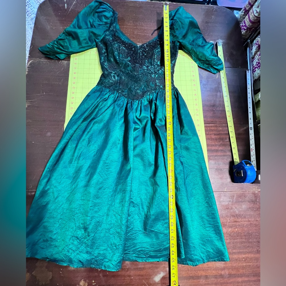 VINTAGE 80s holographic prom gown formal dress dark moody emerald forest lace - Picture 15 of 17